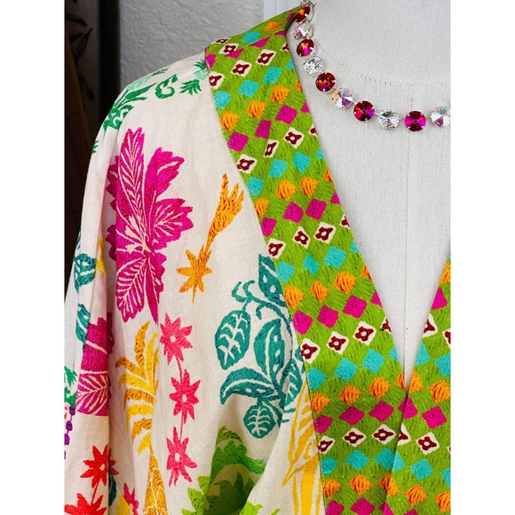 Farm Rio Queen of Fruits Tropical Kimono Jacket SZ‎ Lge Tie Beaded Tassel Fringe - Picture 9 of 16